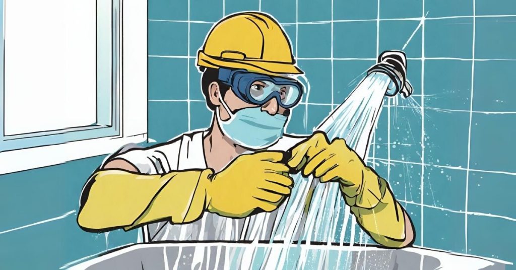 someone wearing safety goggles and gloves while working on a shower