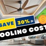 Modern energy-efficient ceiling fan in a bright, airy room with a banner highlighting 30% savings on cooling costs, illustrating the benefits of energy-efficient fans for summer.